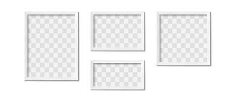 White picture frames. Empty gray simple image square border with shadow on gallery wall. Isolated photo framing design realistic 3D template vector