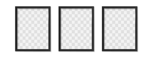 Black photo frames. Empty modern simple image borders with shadow on gallery wall. Isolated picture framing design realistic 3D template vector