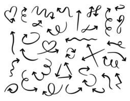 Hand drawn arrows. doodle curved arrow handmade elements. Outline direction pointer isolated symbols vector
