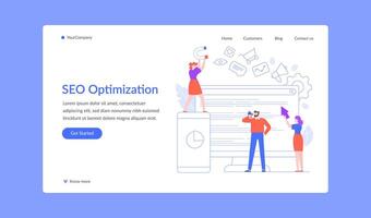 SEO optimization landing page, team work with content vector