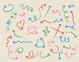 Doodle arrows. Sketch pastel curved arrow handmade elements. Outline red, pink, blue and green direction pointer isolated symbols vector