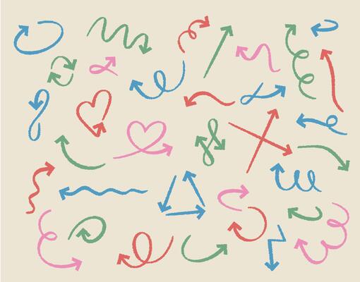 Doodle arrows. Sketch pastel curved arrow handmade elements. Outline red, pink, blue and green direction pointer isolated symbols