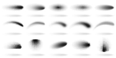 Halftone dotted shapes. Abstract dots gradient wave effect shapes, halftone gradient spray texture illustration set. Dots gradient elements vector