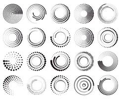 Circle dotted speed lines. Abstract round halftone circle frames, rotating dotted circle shapes. Halftone round elements illustration set vector