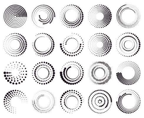 Circle dotted speed lines. Abstract round halftone circle frames, rotating dotted circle shapes. Halftone round elements illustration set