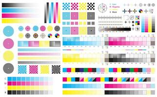 Printing cmyk marks. Offset print calibration marks, gradient color tone, color bars and registration plates. Color printing standard illustration set vector