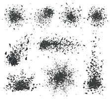 Abstract shattered elements. Explosion broken shapes, sharp edges bursts, triangular pieces texture. Geometric shapes burst illustration set vector
