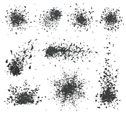 Abstract shattered elements. Explosion broken shapes, sharp edges bursts, triangular pieces texture. Geometric shapes burst illustration set
