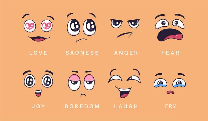Cartoon emotions. Love, joy and anger, sadness and laughter, boredom and laughter, cry. Funny characters face isolated elements
