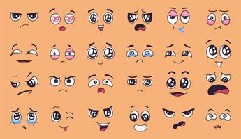 Cute cartoon faces. Face expressions, happy and sad mood. Laughing, smiling mouth and crying eyes. Different moods set. Positive and negative emotions vector