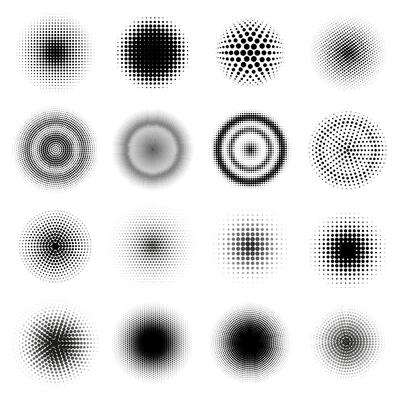 Halftone round patterns. Circle dots gradient frames, dotted texture halftone texture. Abstract dotted round shapes illustration set