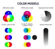 Color mixing diagram. Rgb, cmyk and grayscale color mixing scheme. Rgb and cmyk color spectrum mix description illustration vector