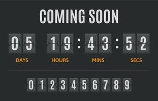 Countdown flip timer. Flip clock days, hours and minutes counter, flipclock counting display. Date timer retro display illustration set vector
