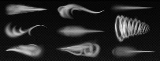 Realistic wind trails. Dust spray and smoky stream and wind blowing trails, smoky stream. Flow curved shapes illustration set vector