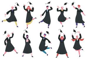 Happy dancing graduates. Group of celebrating university or college graduates. Jumping and dancing graduating students illustration set vector