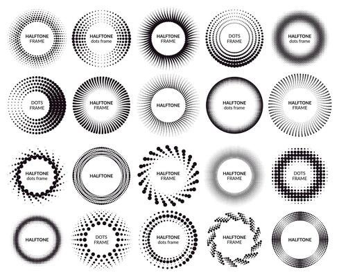 Circle dotted frames. Gradient halftone dots pattern shapes, dot spray gradation halftone frames. Halftone dotted labels illustration set
