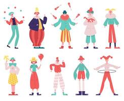 Clowns characters. Circus funny clowns with red nose and circus costume juggling and do tricks illustration set. Funny circus clowns vector