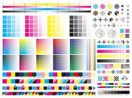 Color cmyk management elements. Offset print registration plates, gradient, cmyk color mixing panel. Printing control marks illustration set vector