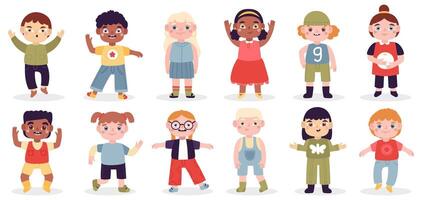 Multicultural happy kids. School girls and boys group, diverse kids characters, cute laughing children. Funny laughing babies illustration set vector