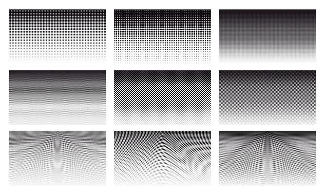 Gradient halftone dotted patterns. Abstract halftone dots gradient horizontal pattern. Dot spray texture gradient background illustration set