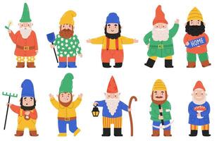 Cute garden gnomes. Dwarf characters with lantern, flowers and mushroom, fairy tale mascots. Funny garden bearded dwarfs illustration set vector