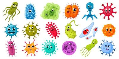 Cartoon microbes and viruses. Germs characters with funny faces, bacteria and disease viruses mascots. Pathogen microorganism illustration set vector