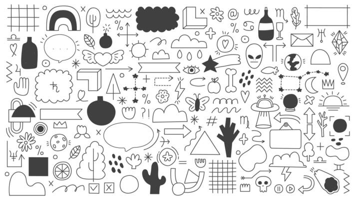 Doodle outline elements. Abstract doodle sketches, decorative frames, arrows and ribbons. Hand drawn doodle shapes illustration set