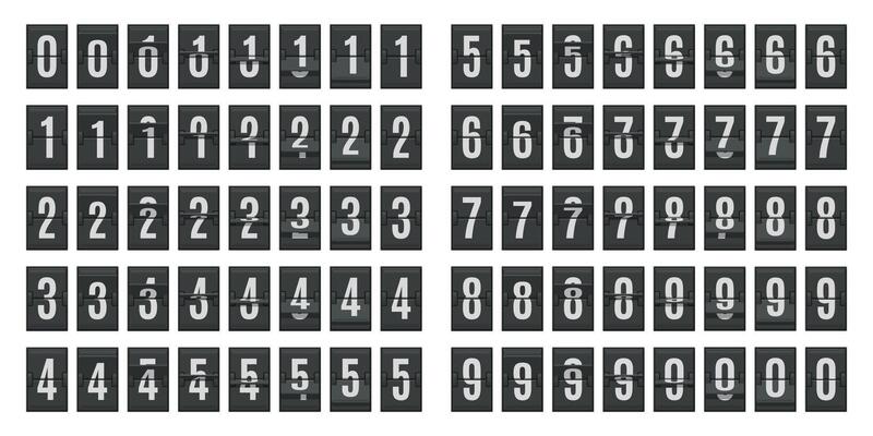 Flip countdown animation. Scoreboard numbers countdown panels, score date counter animation. Countdown flip boards illustration set