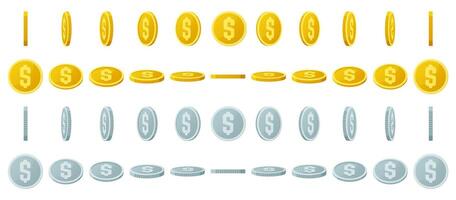 Gold coins animation. Spin gold and silver coins, shiny gambling coins rotation for game interface illustration set. Rotating jackpot coins vector