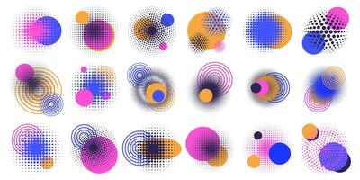 Halftone circle elements. Abstract geometric shapes, round halftone dots gradient design elements. Circle pop art halftone shapes illustration set vector