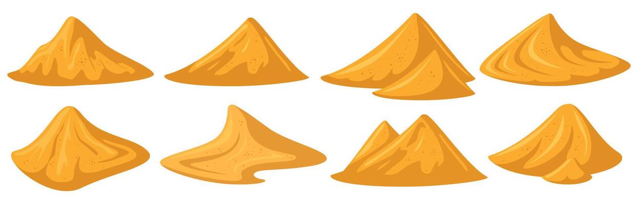 Sand piles. Yellow sandy heap, construction building material piles, bulk construction materials heaps. Sandy mounds illustration set