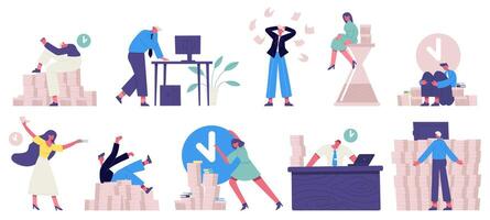 Deadline office work. Unorganised rushing office characters, fail time management illustration set. Businessman deadline characters vector