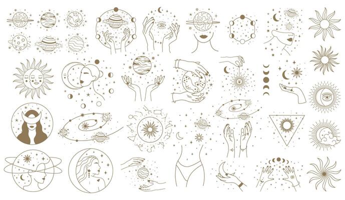 Mystical astrology elements. Magical space objects, planets, stars with female hands and faces illustration set. Minimalist woman cosmic objects