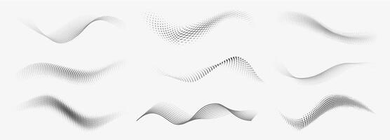 Dotted halftone waves. Abstract liquid shapes, wave effect dotted gradient texture waves isolated symbols set. Halftone graphic dots waves vector