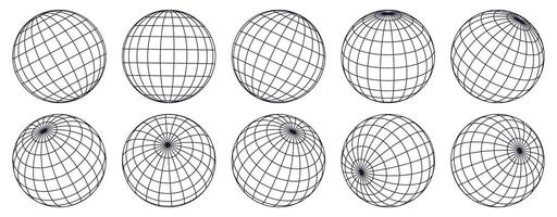 Globe grid spheres. Striped 3D spheres, geometry globe grid, earth latitude and longitude line grid symbols set. Spherical grid globe shapes vector