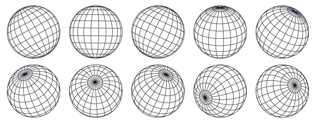 Globe grid spheres. Striped 3D spheres, geometry globe grid, earth latitude and longitude line grid symbols set. Spherical grid globe shapes