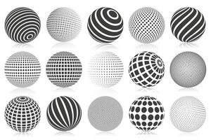 Dotted halftone 3d sphere. Striped, dotted and checkered 3d spheres, abstract sphere balls. Minimalistic halftone spherical isolated symbols set vector