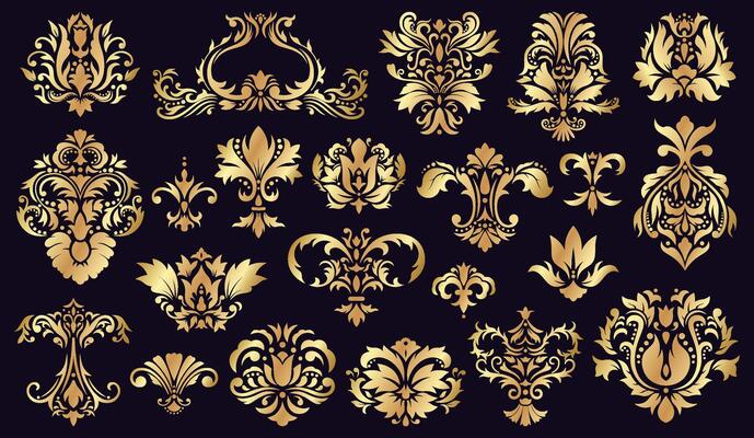 Antique damask ornaments. Golden baroque rococo decorative floral elements isolated illustration set. Damask vintage decor patterns
