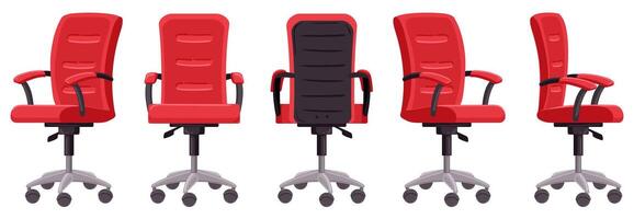 Cartoon office chair. Computer chair in different angles, ergonomic office furniture element isolated illustration. Modern interior chair vector