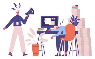 Lazy office worker. Unorganised manager tired from routine office work and angry boss illustration. Sleeping businessman office character vector