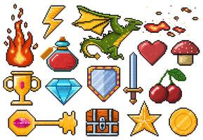 Pixel game elements. Games ui magic items, fire, trophy, coin, dragon and poison illustration set. Digital pixelated 8 bit game symbols vector
