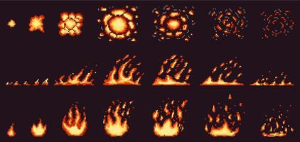 Pixel fire animation. Red hot flame, burning effect fire border and fiery explosion illustration set. Pixelated 8 bit game fire flames steps vector