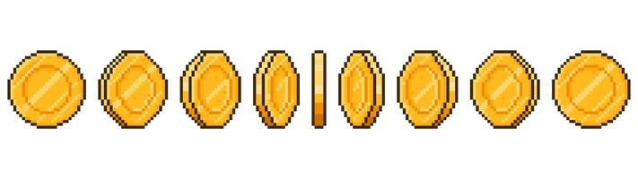 Pixel art coin animation. Game ui golden coins rotation stages, pixel game money animated frames illustration. Gold 8 bit coins animation vector