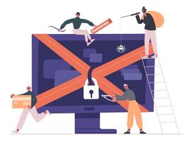 Cyber criminals and hackers. Internet criminals, crackers and robbers attacking computer isolated illustration. Hacker internet activity concept vector