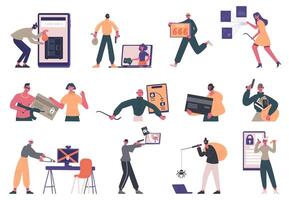 Cyber criminals. Hacker criminal characters, data stealing, internet fraud and security system hacking illustration set. Internet hacking criminals vector