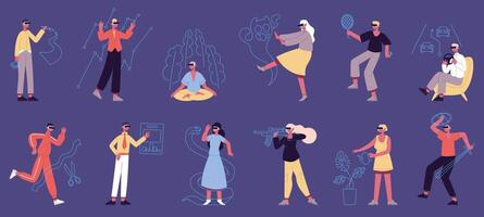 People in virtual reality. Male and female characters in vr headset playing, learning and creating illustration set. Virtual augmented reality characters vector