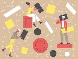 People with abstract geometric shapes. Teamwork concept, business characters collecting geometric figures illustration. Partnership business concept vector