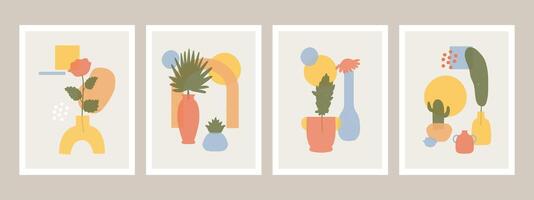 Abstract vases posters. Abstract minimalist vases, flowers and leaves shapes, hand drawn still life illustration set. Contemporary abstract art vector