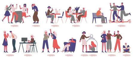 Introvert and extrovert people. Unsocial and sociable men and woman, different psychological types illustration set. Extrovert and introvert characters vector