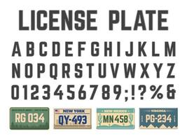 Car license plates alphabet. Vehicle registration signs latin alphabet, license plates numbers and letters illustration set. Automobile license numbers abc font vector
